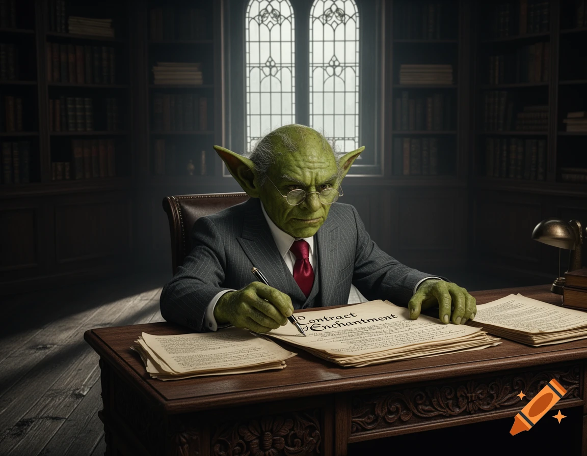 A green-skinned, pointy-eared goblin-like lawyer in a suit signs a 'Contract Enchantment' document at a desk in a library.