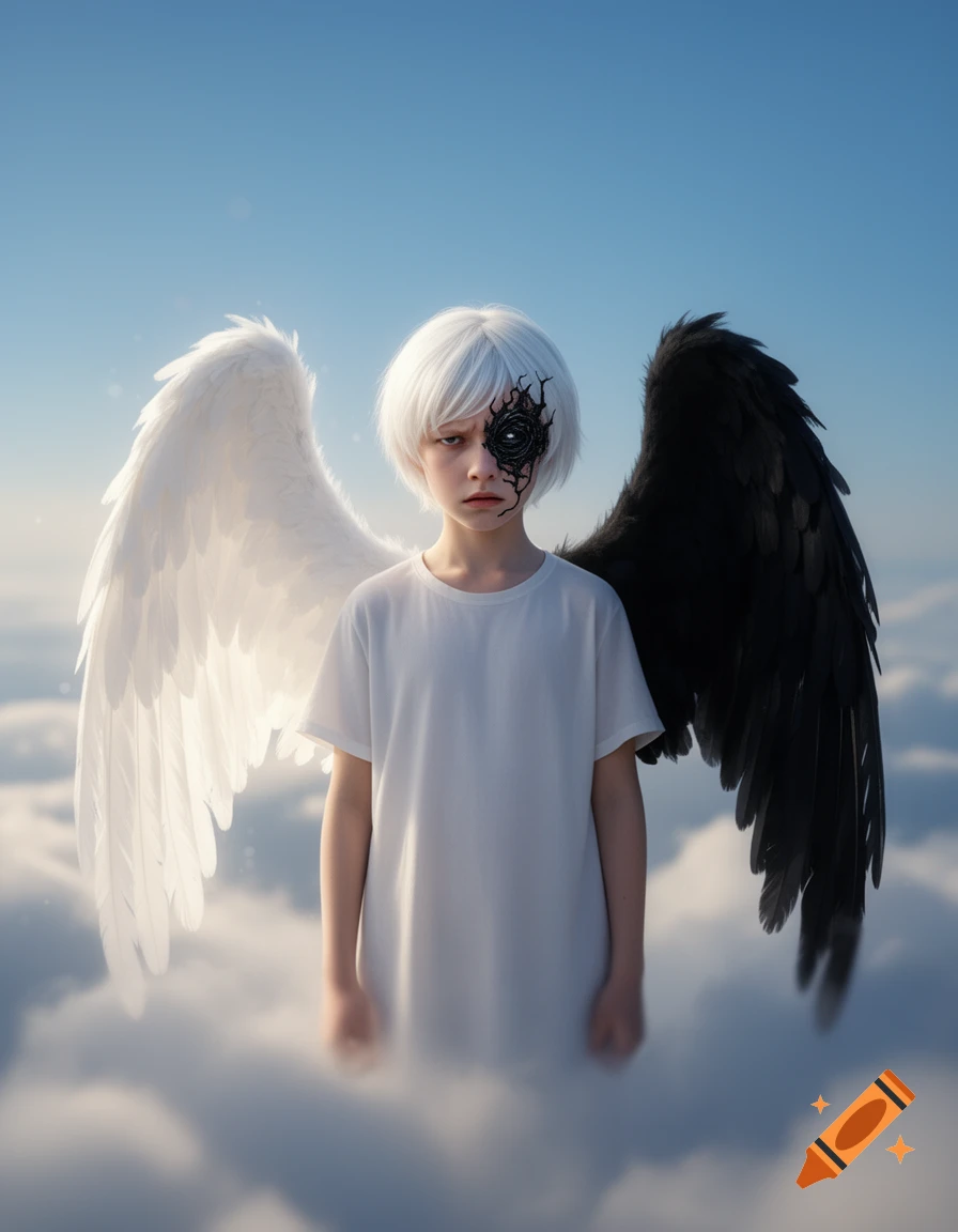Young angel with white hair, one white wing, one black wing, and a black stylized corrupt eye, standing in clouds.