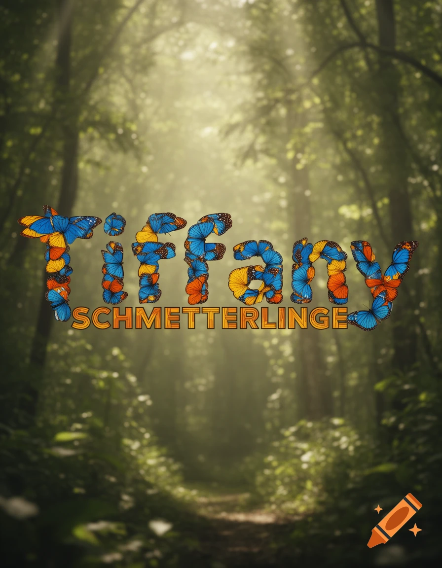 The words 'Tiffany Schmetterlinge' (Tiffany Butterflies) formed by colorful butterflies against a blurred green forest background.