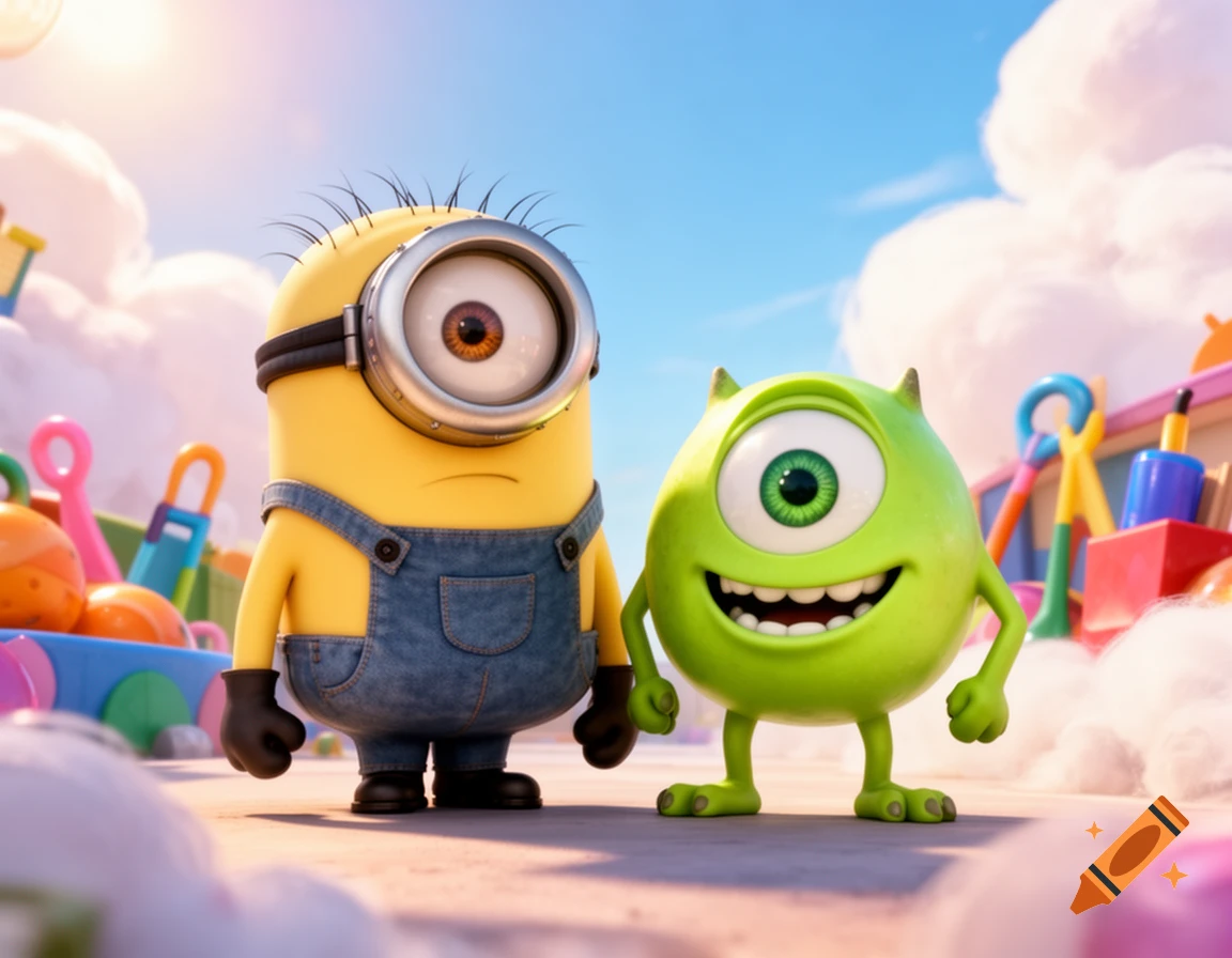 A Minion with one eye and Mike Wazowski standing together in a brightly lit, toy-filled landscape under a blue sky.
