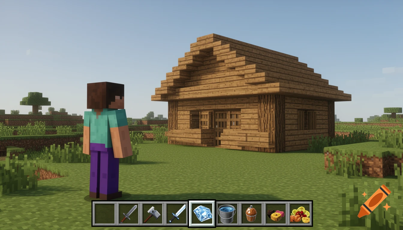A Minecraft character stands facing a rustic wooden house under a clear sky, with an inventory bar showing a diamond and other items.