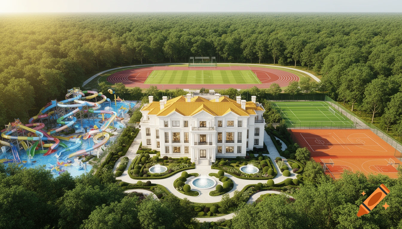 An aerial view of a grand white mansion with a golden roof, flanked by a colorful water park, sports fields, and surrounded by a dense forest.