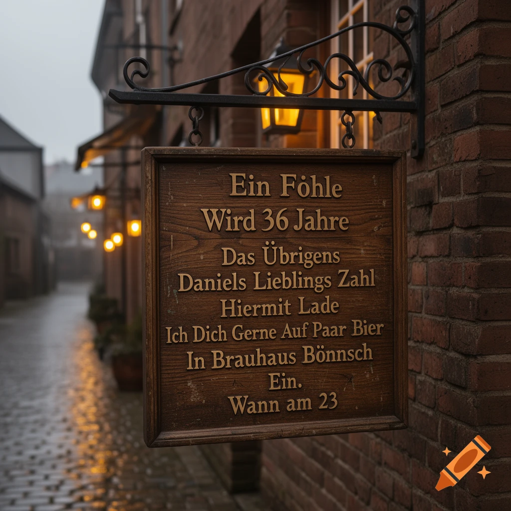 A wooden sign with German text hangs from a brick building on a foggy street with glowing lanterns in the background, rain on cobblestones.