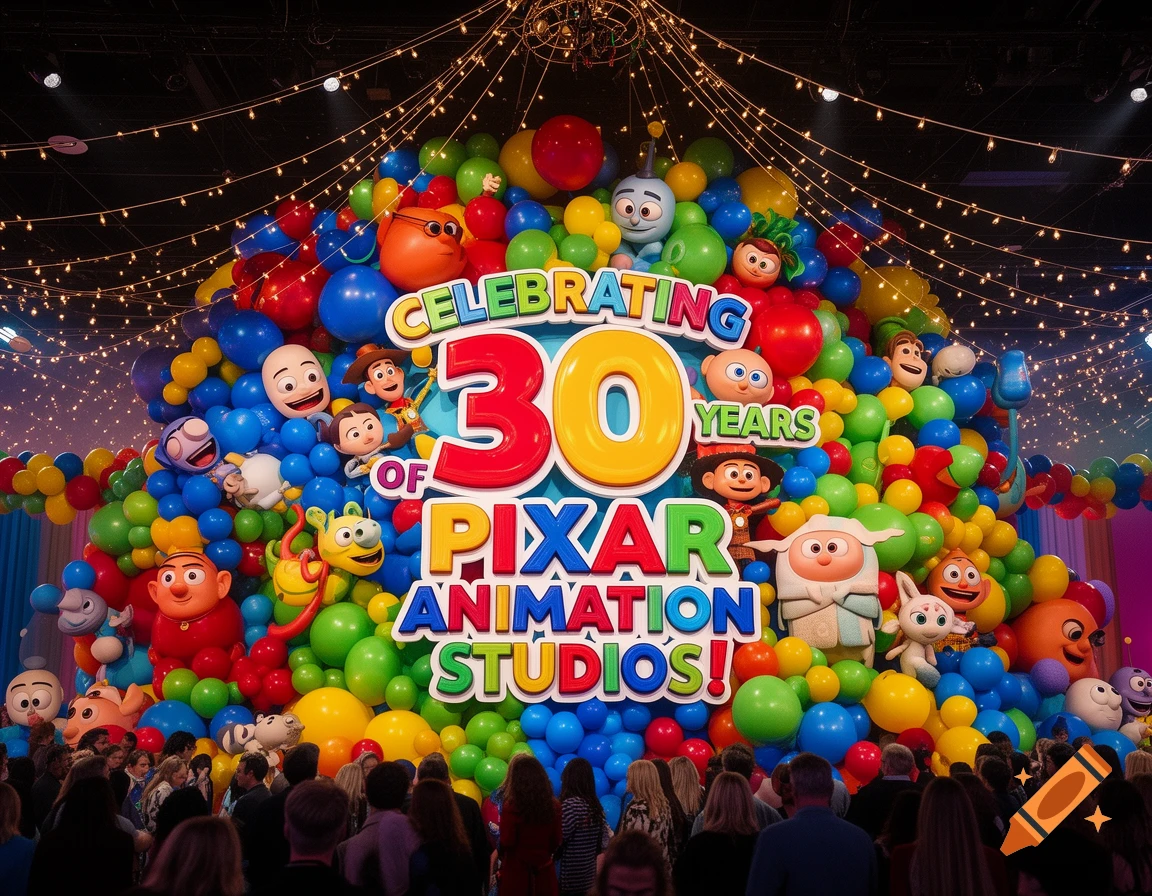 A vibrant balloon display with various Pixar characters and text 'Celebrating 30 Years of Pixar Animation Studios' above a crowd.