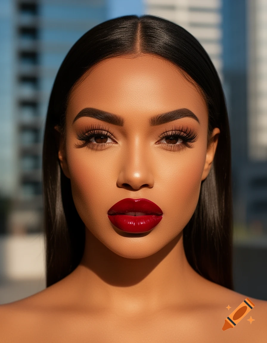 Close-up photorealistic portrait of a woman with dark hair, dark eyes, defined eyebrows, long eyelashes, and glossy red lipstick. A blurred city building is in the background.