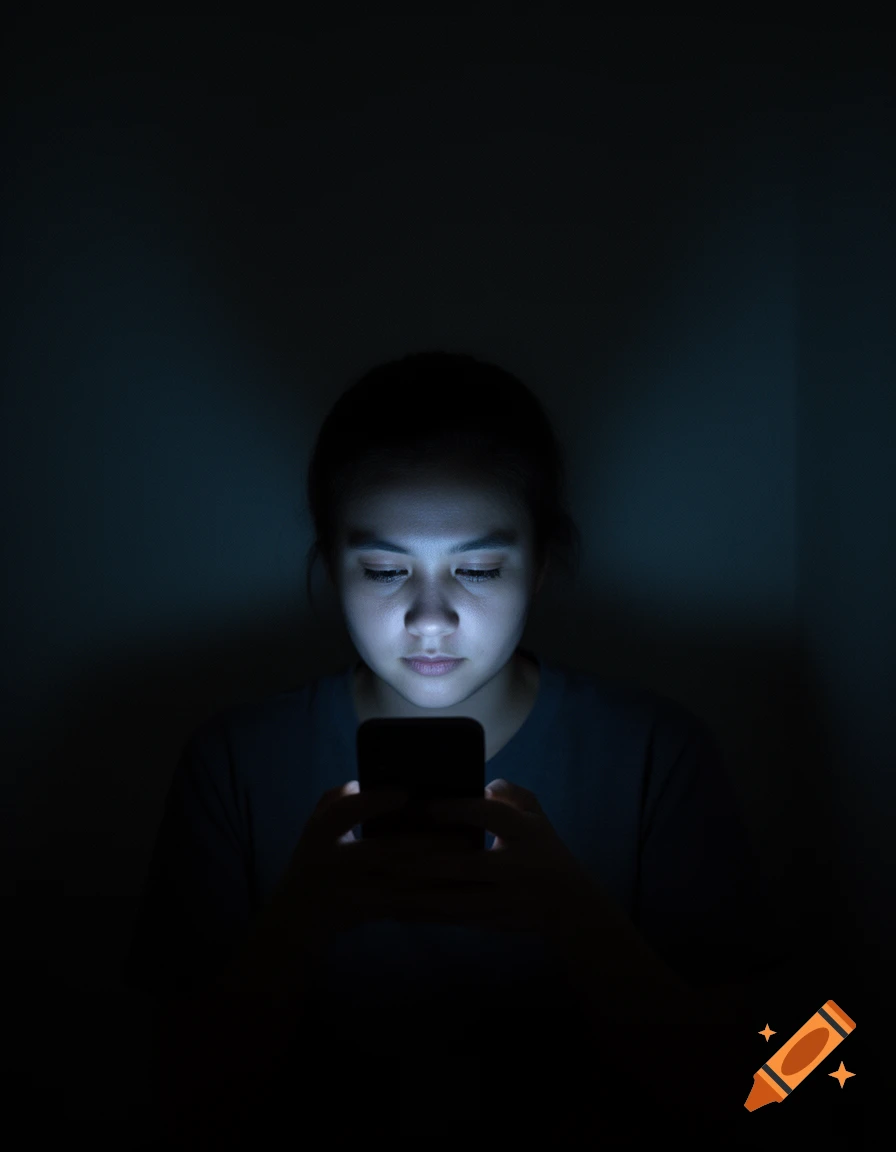 A person looks intently at a glowing smartphone screen in a dimly lit room, with only their face illuminated by the device.