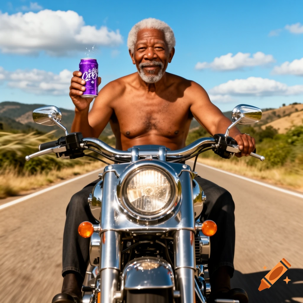Morgan Freeman, shirtless, rides a motorcycle on a sunny road, holding a purple soda can.