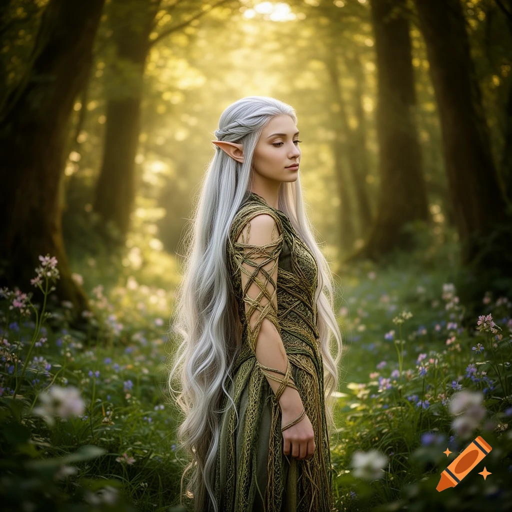 A young elf woman with long silver hair and pointed ears in a green dress stands in a sunlit forest among wildflowers.