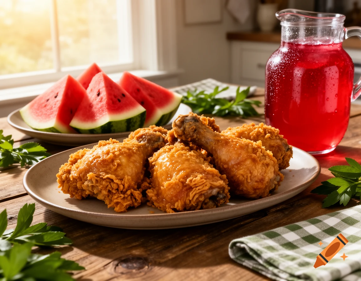 A plate of crispy fried chicken drumsticks with watermelon slices and a pitcher of red juice on a wooden table.