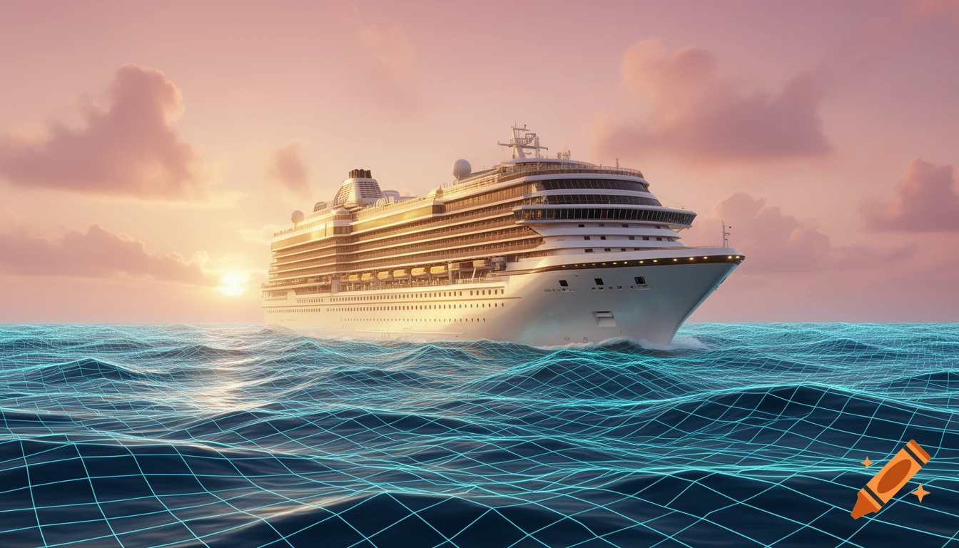 A large cruise ship sails a glowing blue wireframe ocean under a pastel sunset sky, in a digital art style.