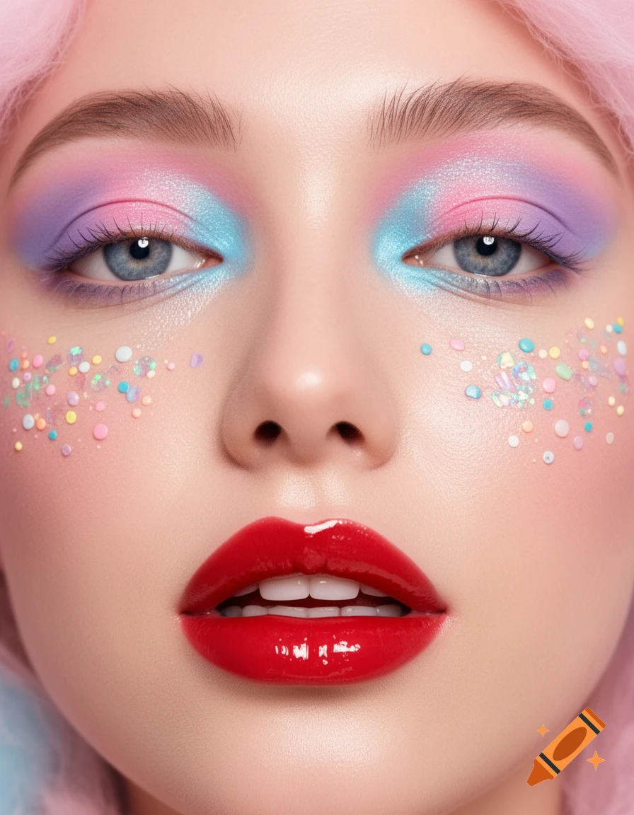 Close-up portrait of a person with vibrant pastel eyeshadow, glossy red lips, holographic freckles, and pink hair.