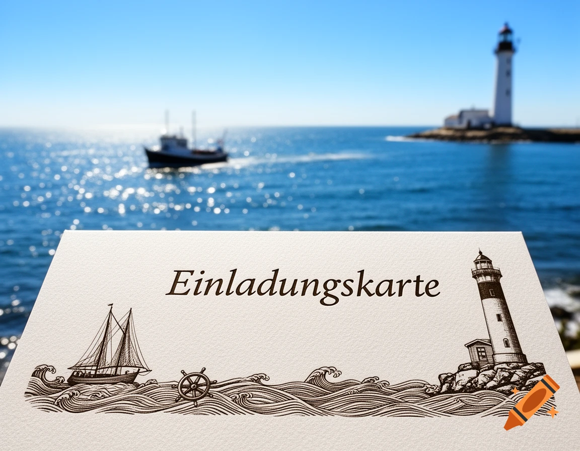 Nautical invitation card with sailboat and lighthouse illustrations, set against a blurred background of a boat on a sunny sea with a distant lighthouse.