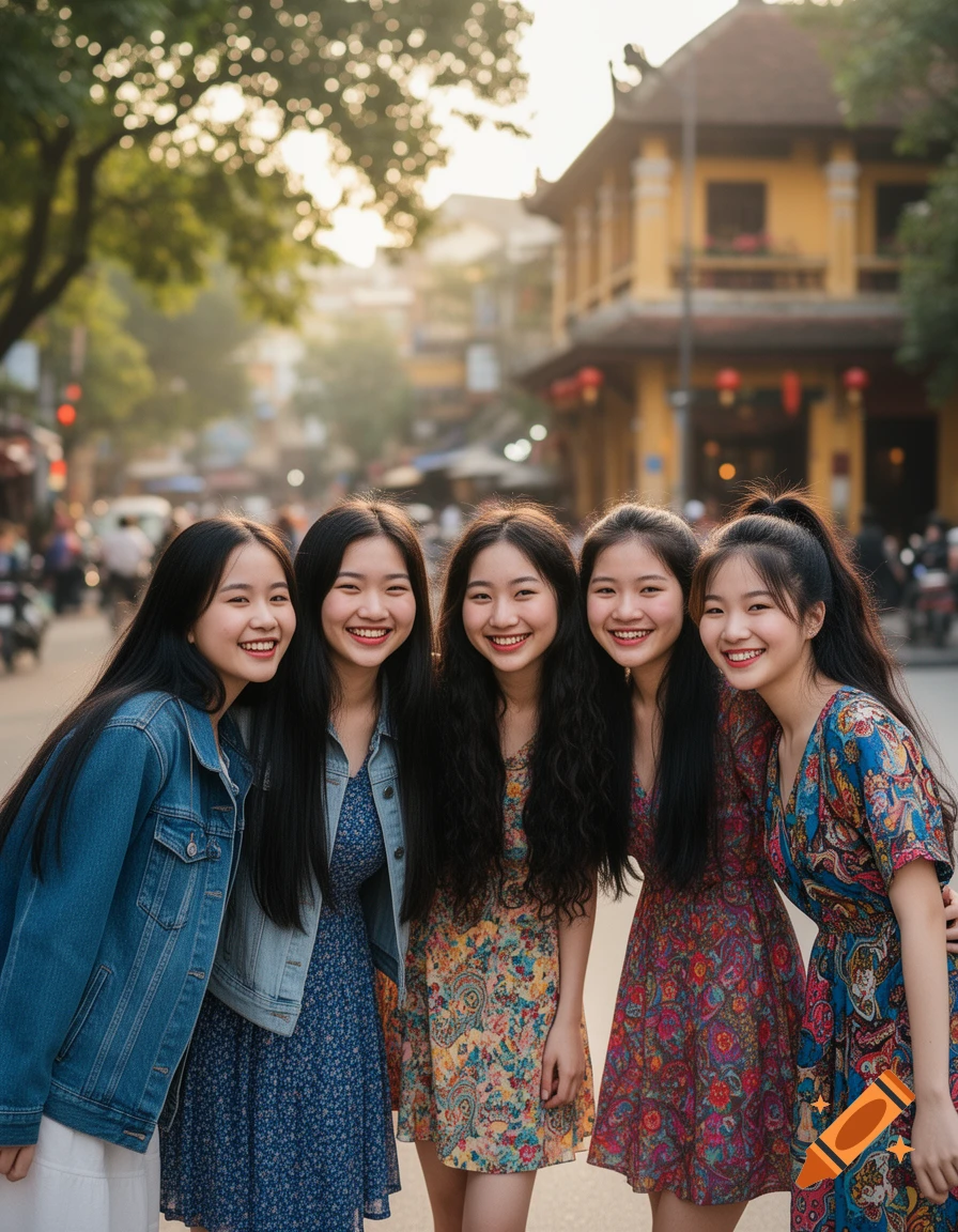 Five smiling young Vietnamese women stand together on a lively street with a yellow building in the background.