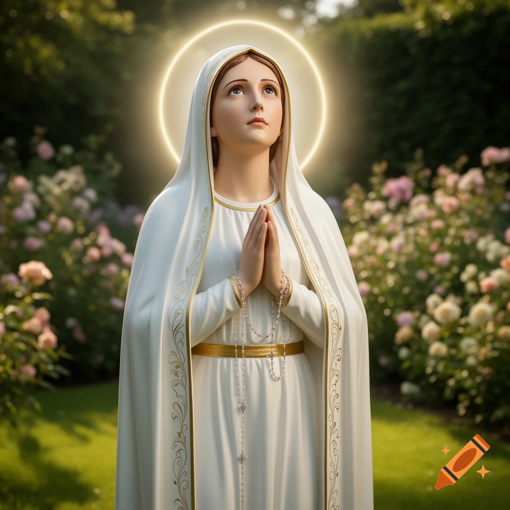 Photorealistic statue of the Virgin Mary with a halo, hands clasped in prayer, standing in a rose garden.