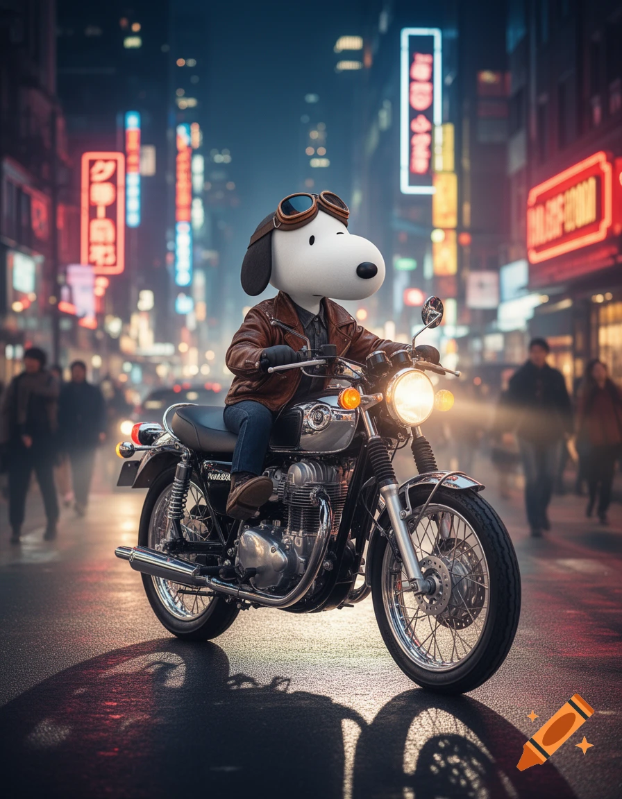 Snoopy wearing aviator goggles and a brown leather jacket rides a classic motorcycle on a wet, neon-lit city street at night.