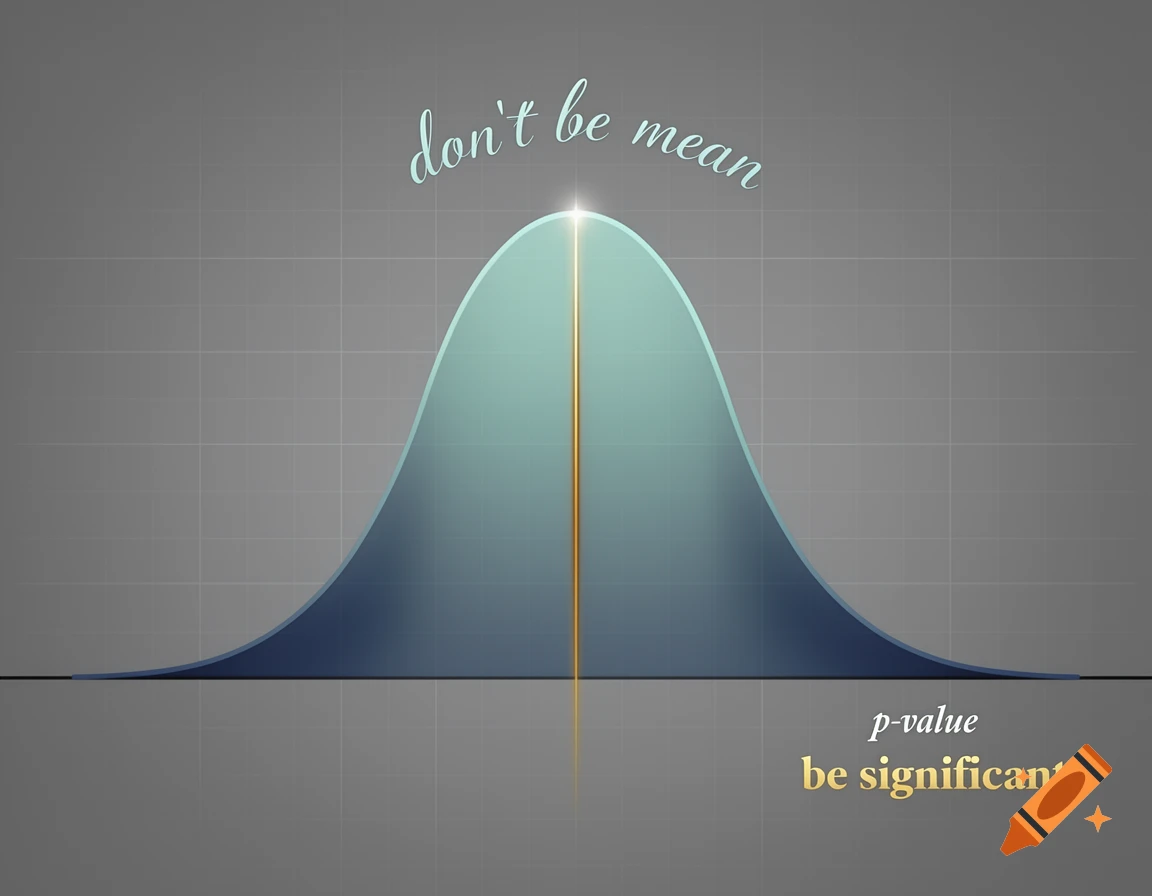 A normal distribution curve graph with a central gold line, text "don't be mean" at the top, and "p-value be significant" at the bottom right.