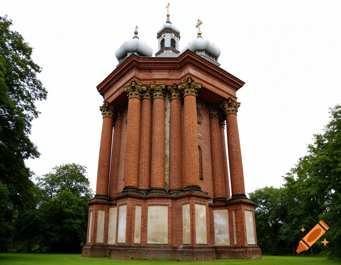 An ornate octagonal brick church tower with Corinthian columns and two silver domes, surrounded by green trees and grass under a bright sky.