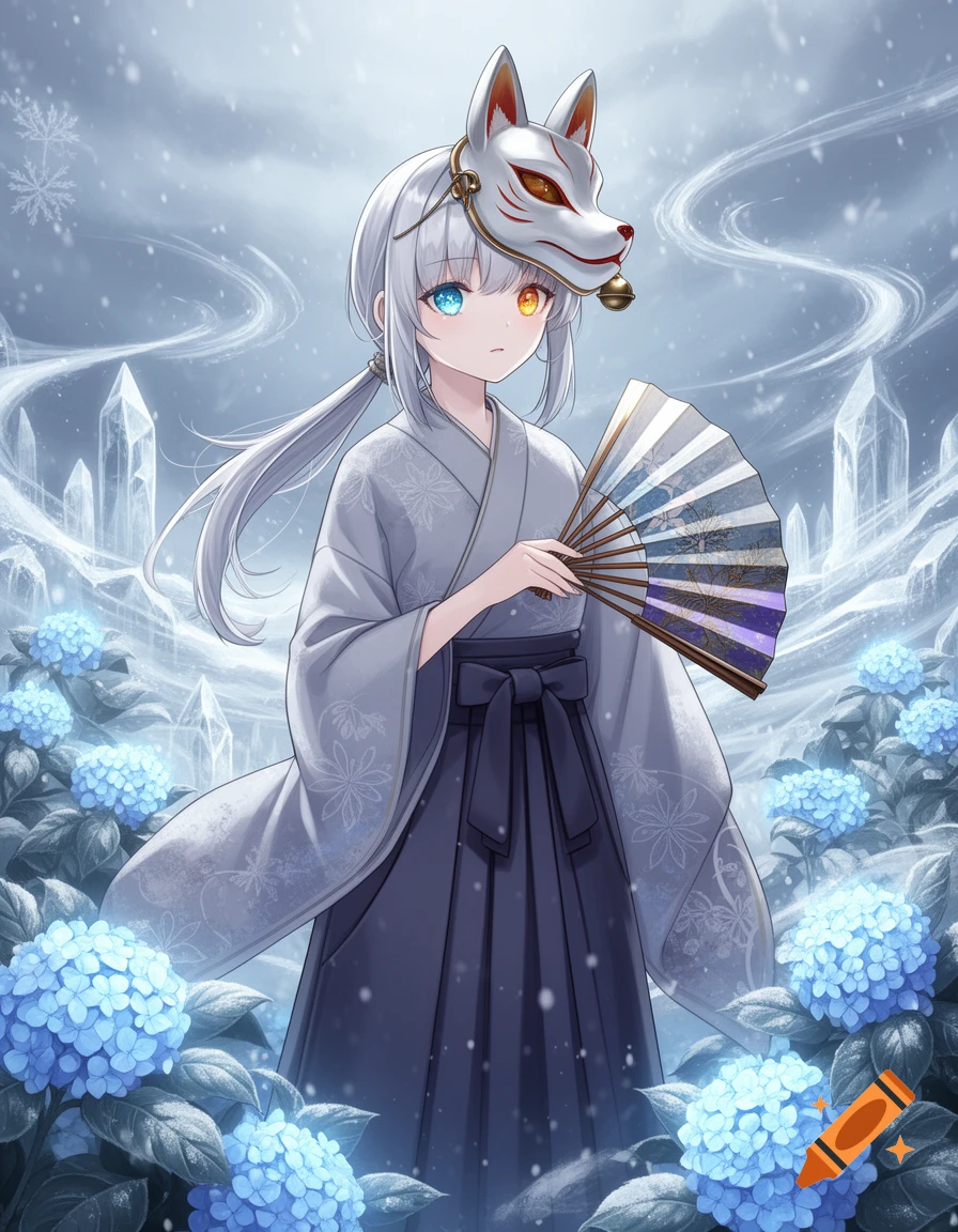 Anime girl in a hakama and fox mask, with silver hair and heterochromatic eyes, holding a fan surrounded by glowing blue hydrangeas and ice.