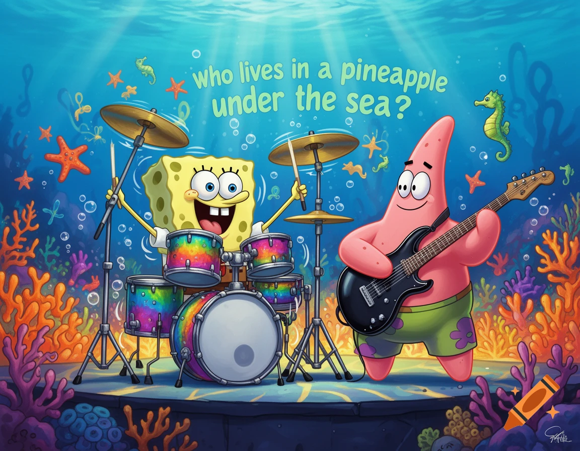 SpongeBob SquarePants plays rainbow drums while Patrick Star plays an electric guitar underwater amidst colorful coral and sea creatures.
