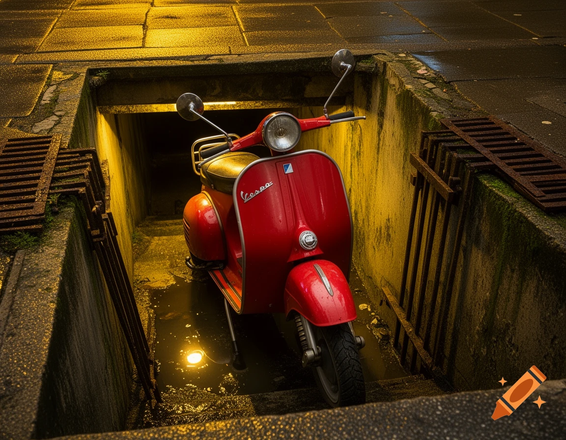 A red Vespa scooter parked in a wet, dark concrete underground passageway, illuminated by yellow lights.