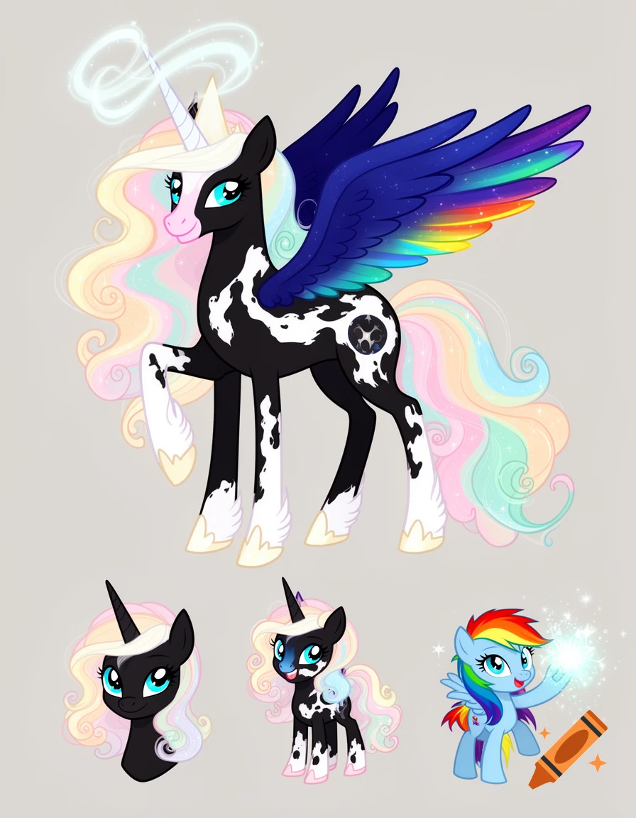 Cartoon reference sheet of a black and white pinto Alicorn with rainbow wings and pastel mane, shown as adult, filly, and headshot, with Rainbow Dash casting magic.