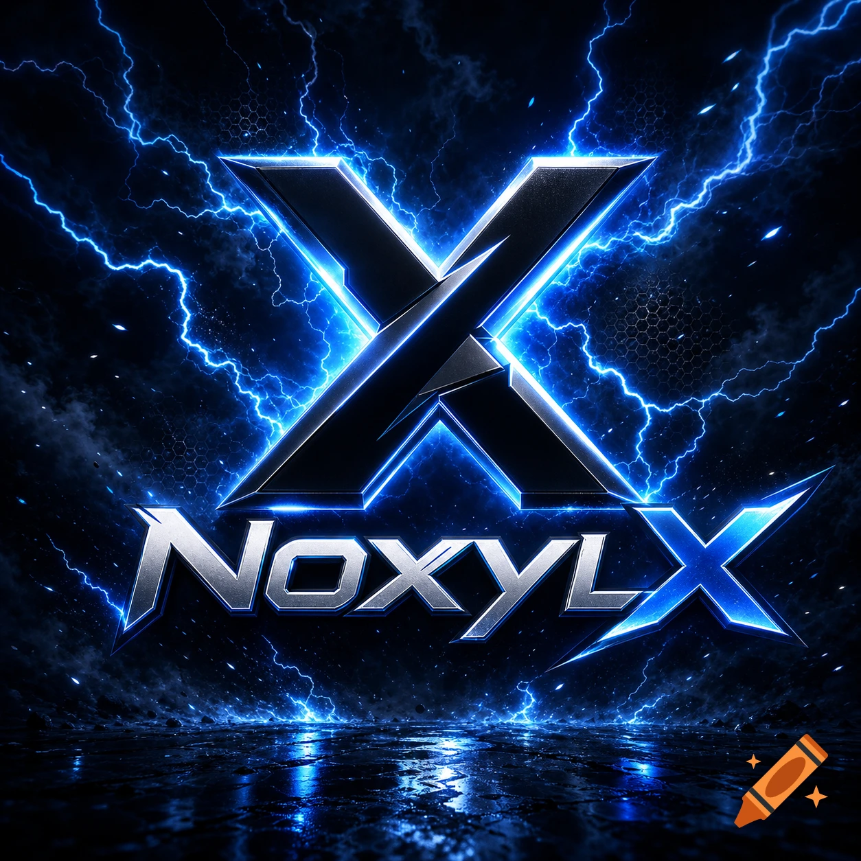 A striking blue and silver NoxylX logo featuring a large metallic X and text, surrounded by electric blue lightning and reflections on a dark, wet ground.