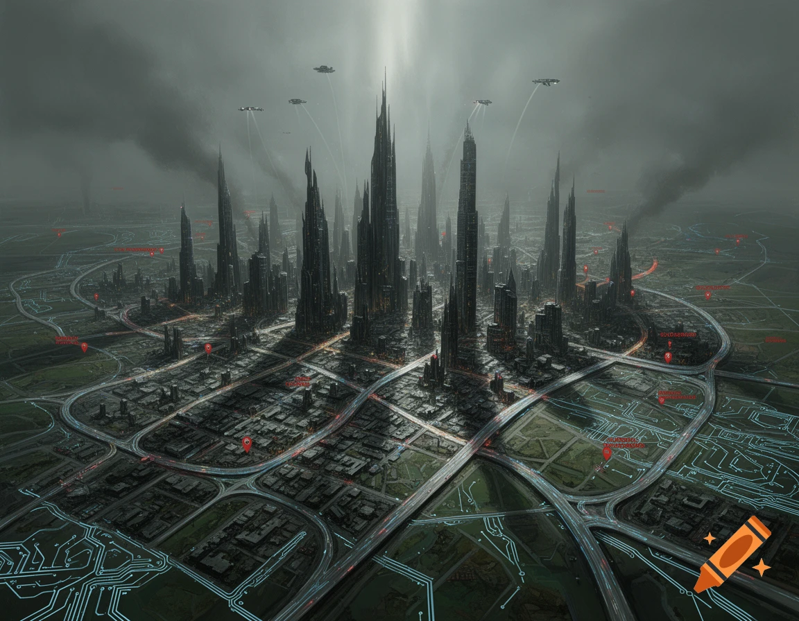 Dark dystopian cityscape with tall, spiky buildings, flying vehicles, and glowing map lines under a cloudy sky.