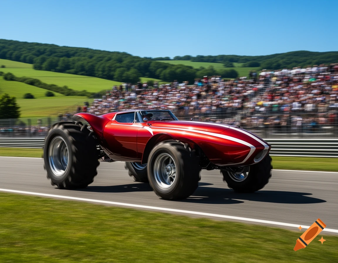 A red racing car with massive tractor tires speeds along a track, with blurred spectators and green hills in the background.
