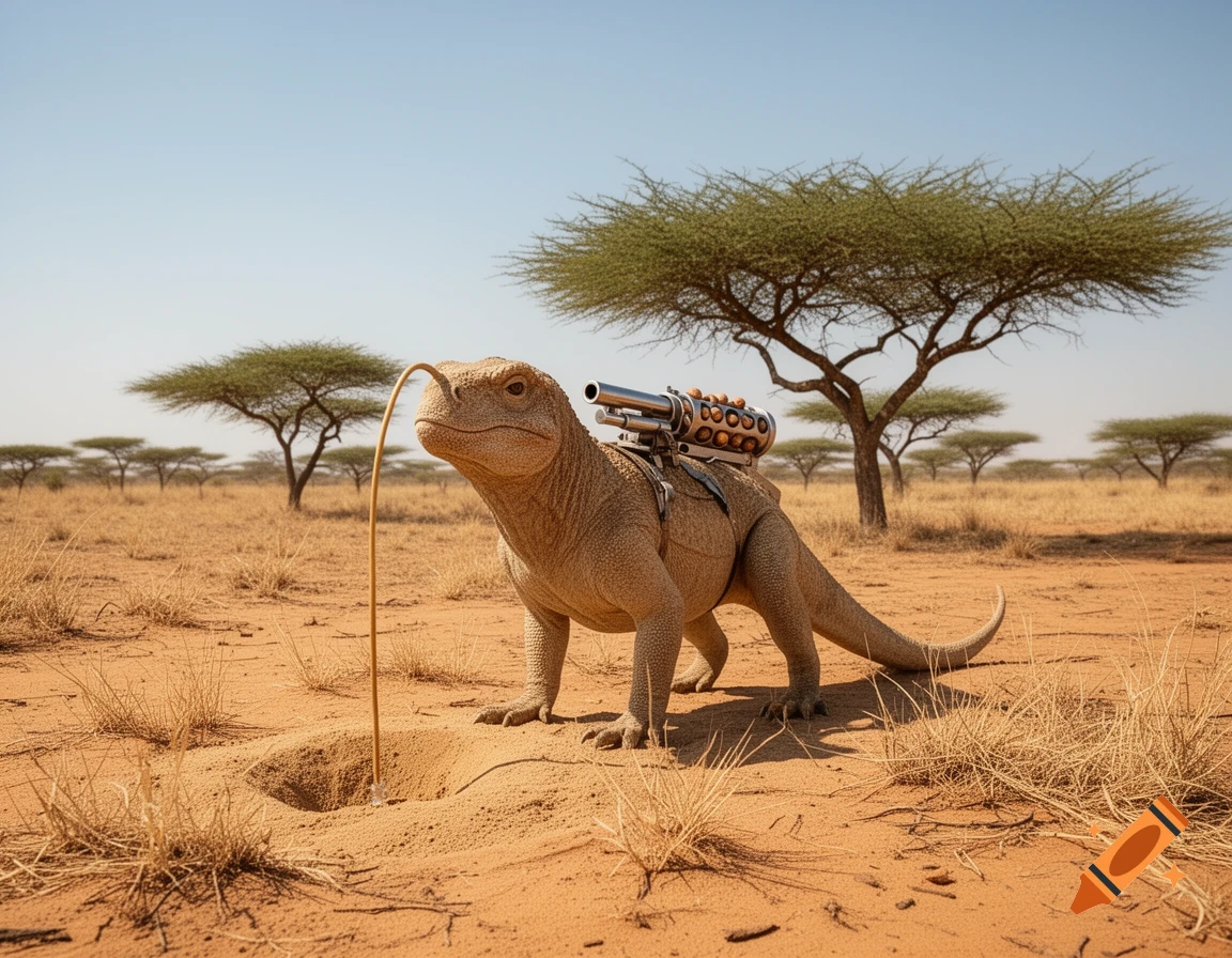 A lizard-like creature with a gun on its back and a straw tube extending into the sand, standing in a desert with acacia trees.