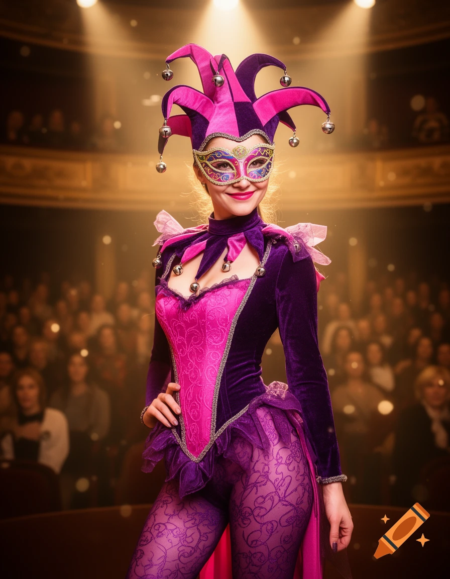 A photorealistic image of a smiling female jester in a pink and purple costume, mask, and jester hat, standing on a spotlighted stage.