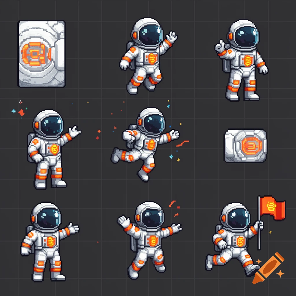 Pixel art sprite sheet featuring multiple astronauts in white and orange suits performing different actions, with two abstract panels.