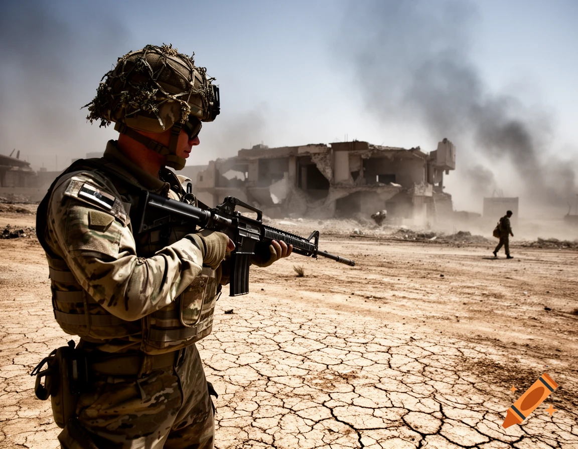 A soldier in camouflage uniform and helmet holds a rifle, looking right, in a war-torn desert. A destroyed building smokes in the background.