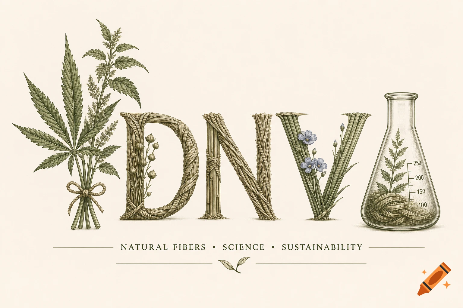 Botanical logo with DNV letters from natural fibers, a hemp leaf, flask, and text: Natural Fibers Science Sustainability.