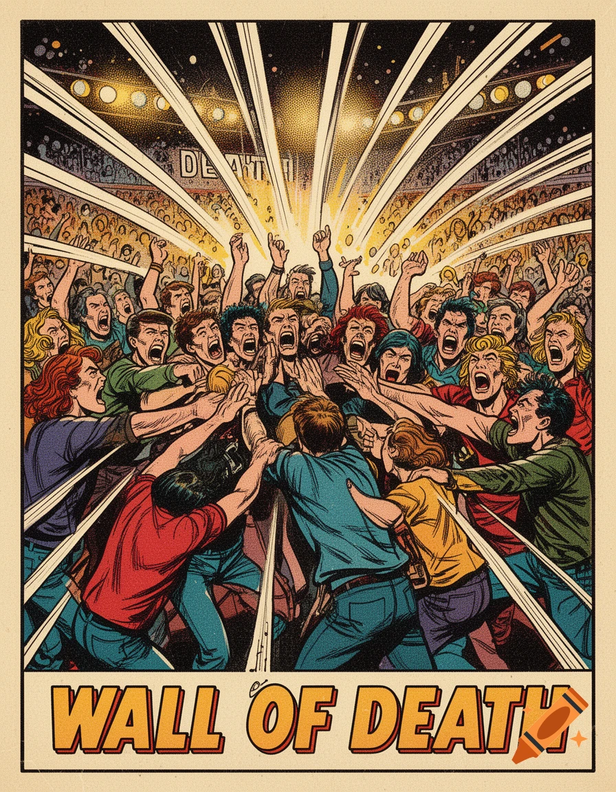 A comic book style illustration of a 'wall of death' at a concert, with a large, agitated crowd pushing forward. "WALL OF DEATH" text is at the bottom.