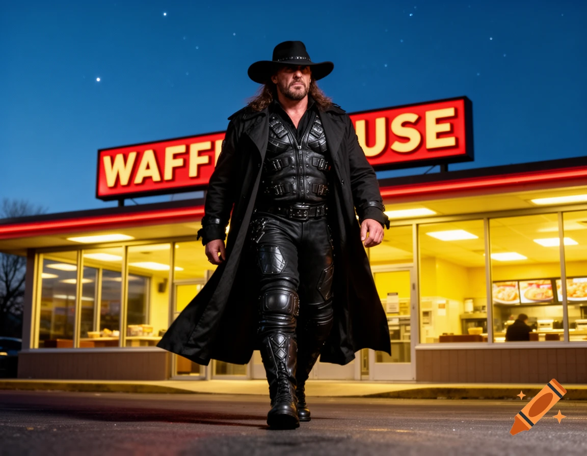 A man in a black trench coat, leather outfit, and cowboy hat walks away from a brightly lit Waffle House at dusk.