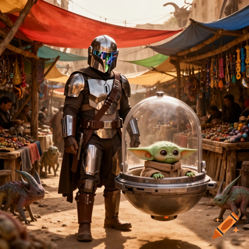 The Mandalorian and Grogu in his floating pram stand in a busy, colorful alien marketplace.