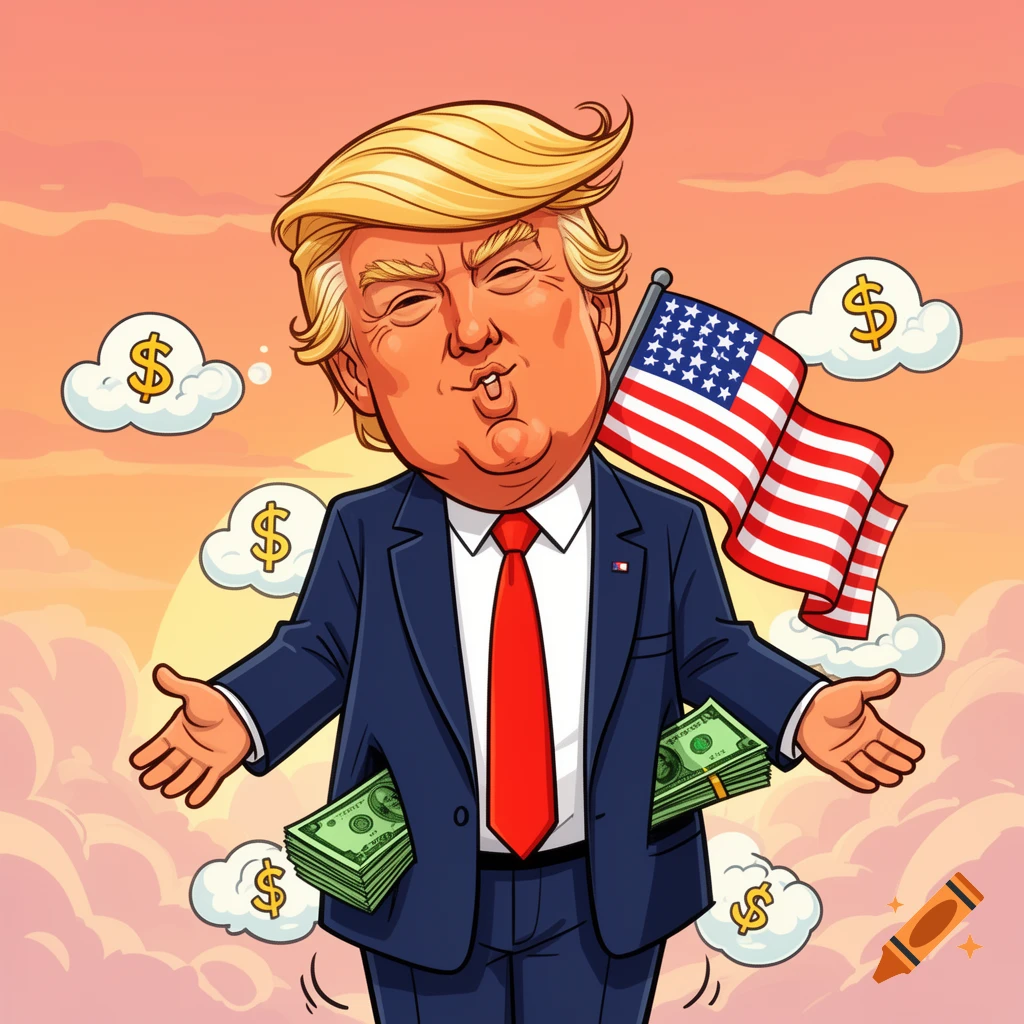 A cartoon caricature of Donald Trump with an American flag, stacks of money, and dollar signs in clouds.