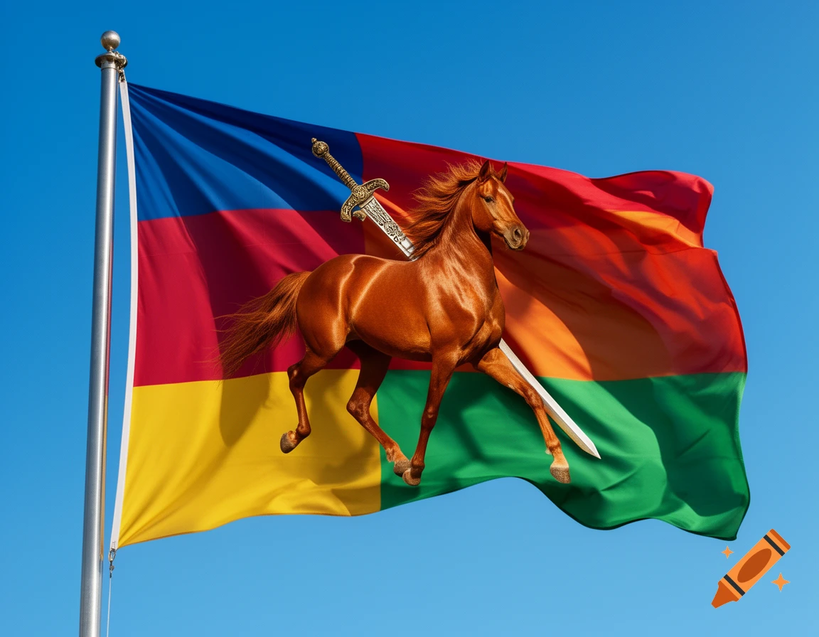 A brown horse with a sword on its back runs in front of a red, yellow, and green striped flag against a blue sky.