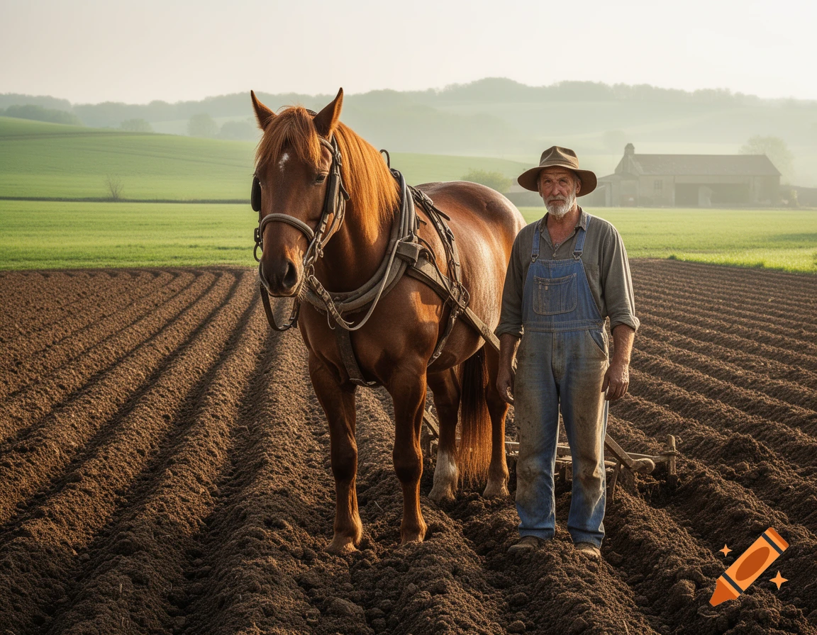 A photorealistic image of an old farmer in a hat and overalls standing with his plow horse in a freshly tilled field.