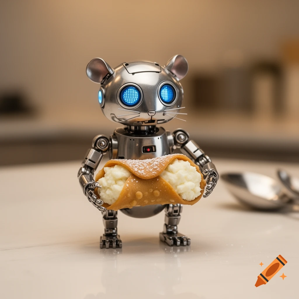 A photorealistic metallic robot hamster with glowing blue eyes holds a cannoli on a light surface, with a blurry background.