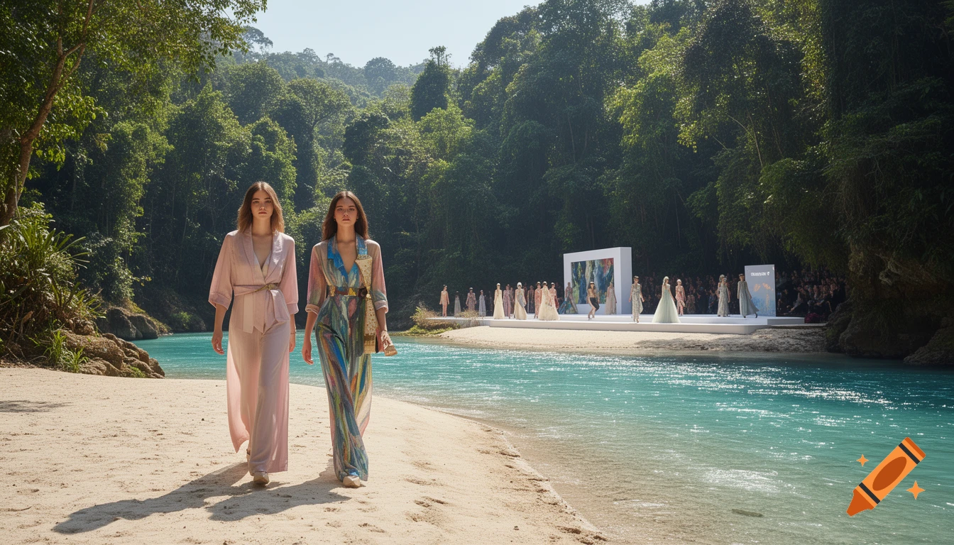 Two women walk on a sandy beach next to a turquoise river, with a fashion show happening on a white runway in the jungle background.