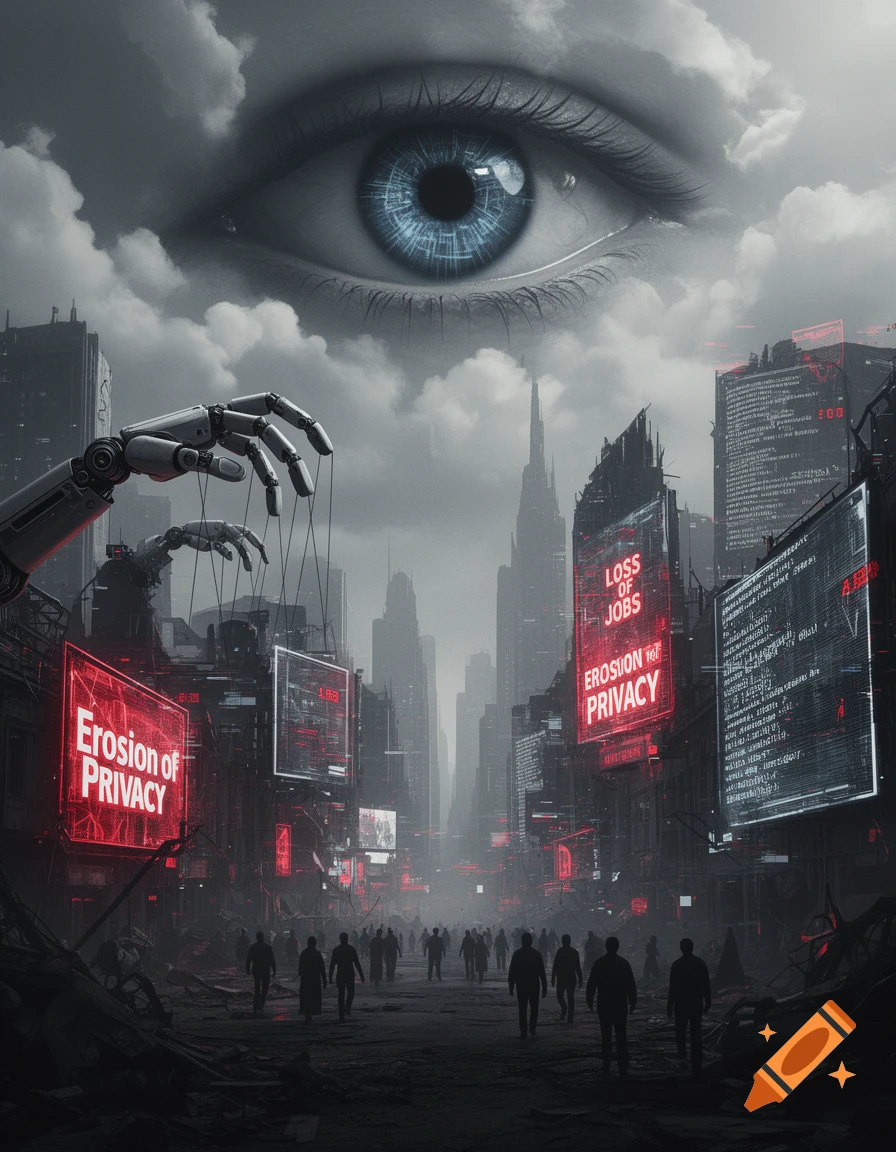 A giant blue eye and robot hands control a dystopian cityscape filled with shadowy figures and neon signs about privacy erosion and job loss.