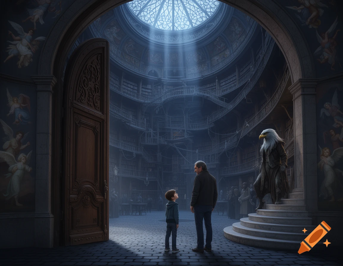 A boy and a man stand in a vast, dark, circular library with an anthropomorphic eagle figure, lit by light beams from a domed skylight.