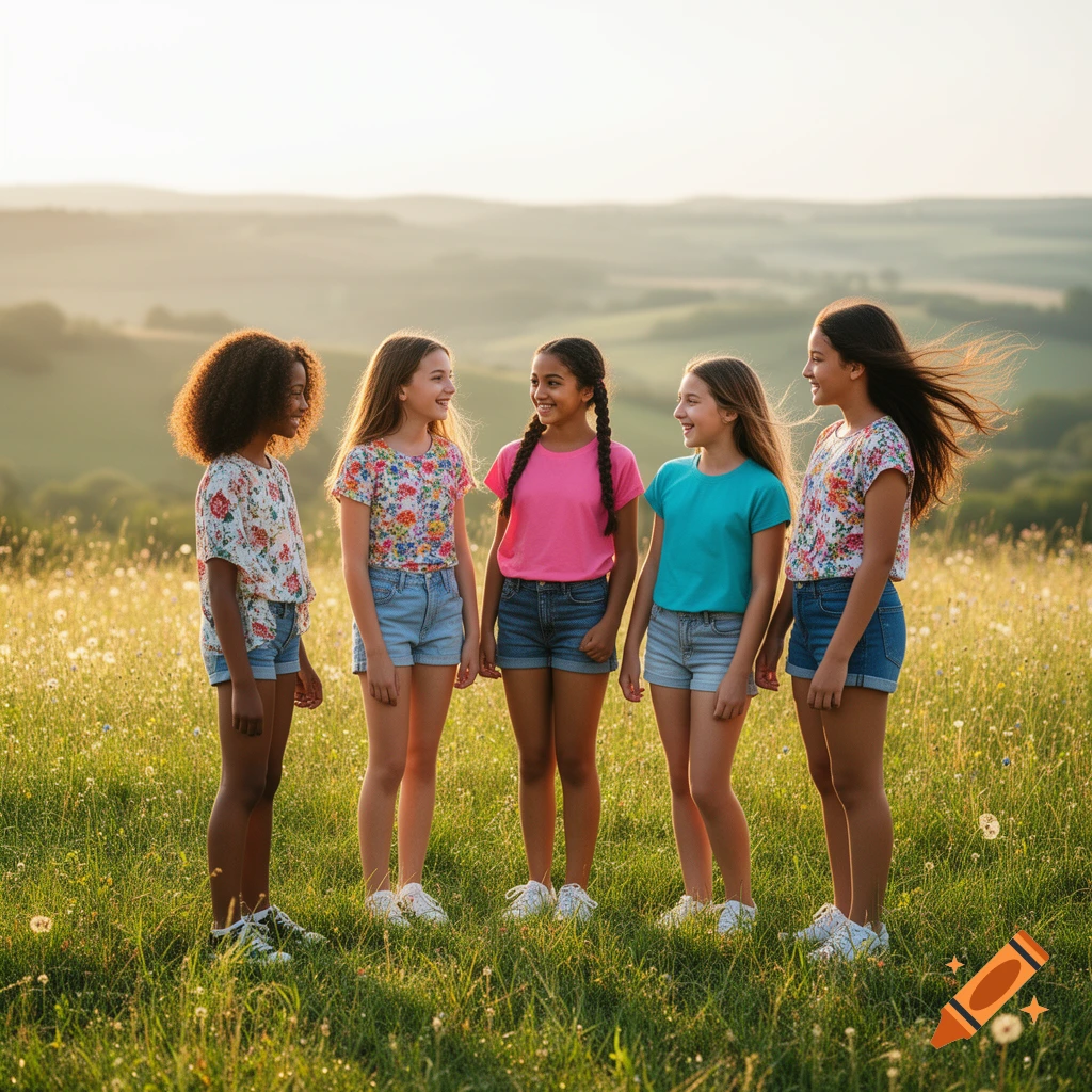 Five girls stand in a sunny green field with rolling hills in the background, looking at each other and smiling. Photorealistic.
