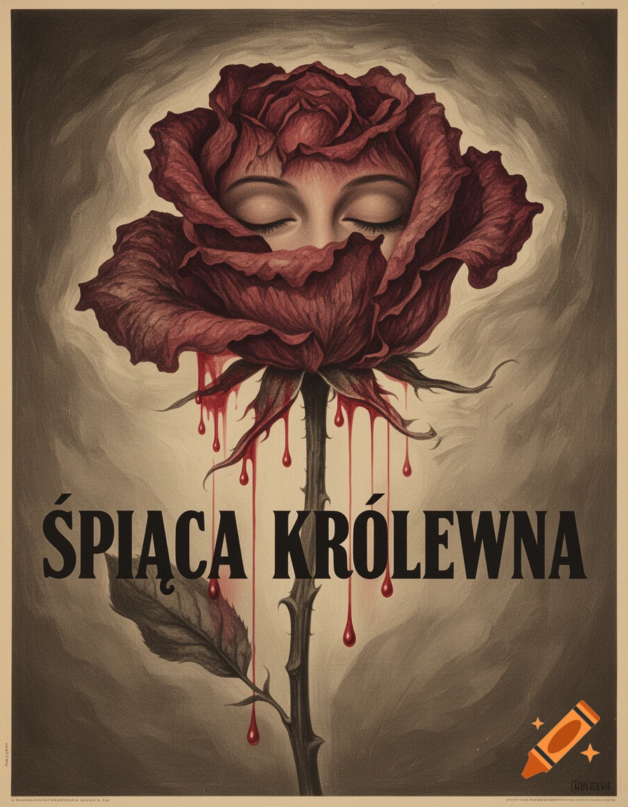 A surreal dark poster of a wilting deep red rose with closed human eyes, dripping blood forming the Polish text 'ŚPIĄCA KRÓLEWNA'.