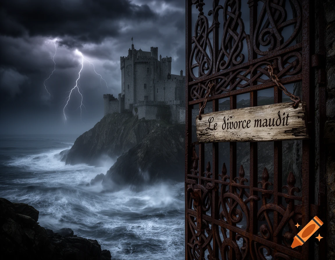 Dramatic photorealistic image of a castle on a stormy cliff with lightning, seen through an ornate rusty gate with a sign.