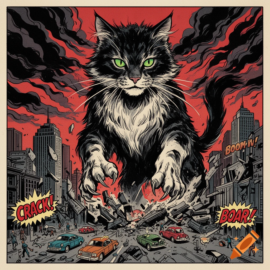 Giant black and white cat with green eyes destroying a city under a red sky, depicted in an old horror comic book art style.