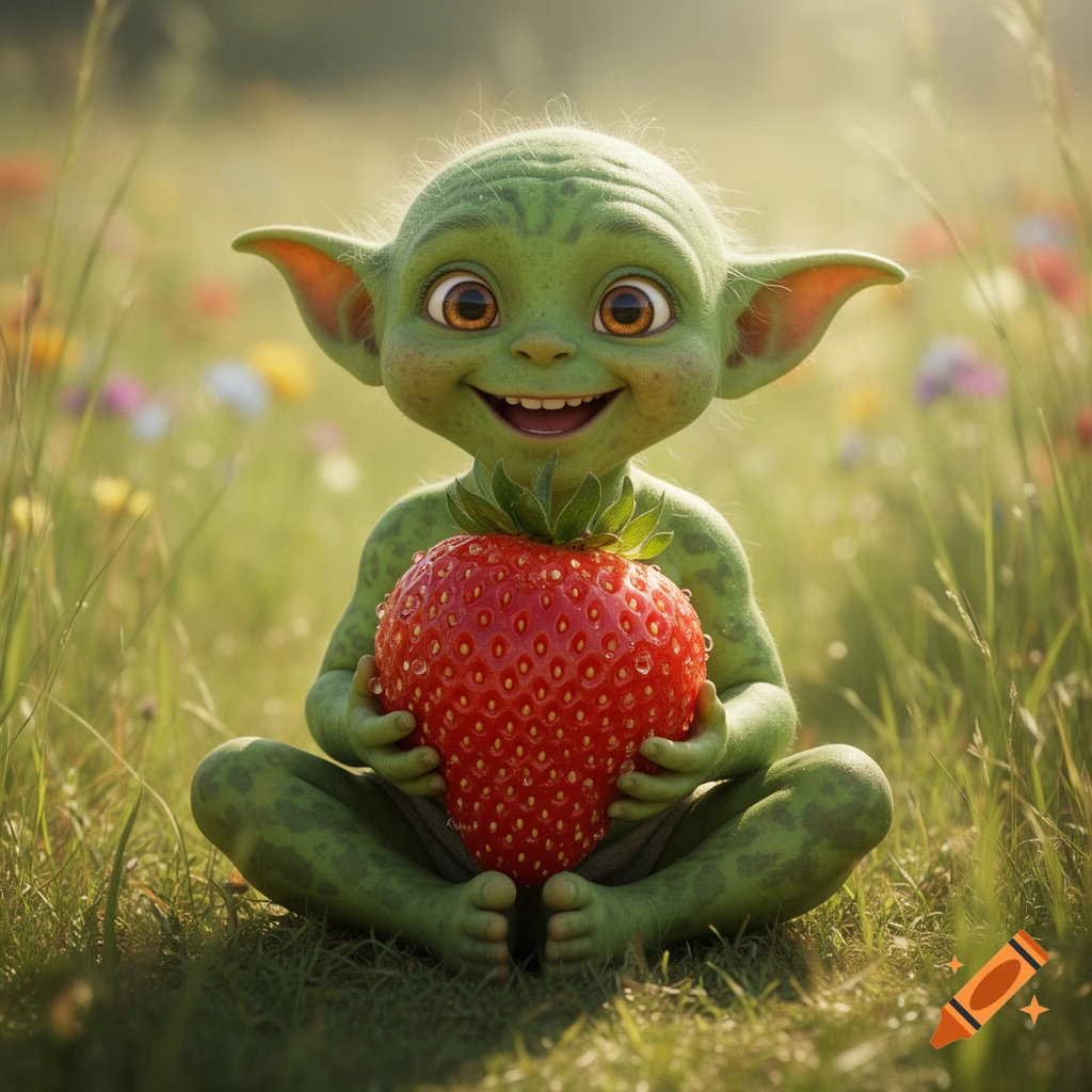 A small, green, big-eyed creature with large ears sits cross-legged in a sunlit grassy field, happily holding a giant, dewy red strawberry.
