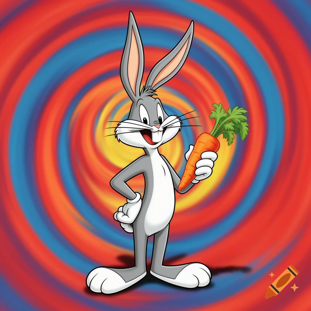 Bugs Bunny stands with a carrot against a red and blue spiral background.