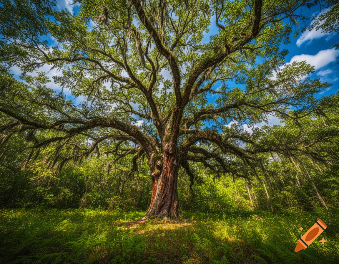 A majestic, old oak tree with a massive trunk and sprawling branches covered in Spanish moss, surrounded by lush green foliage under a blue sky.